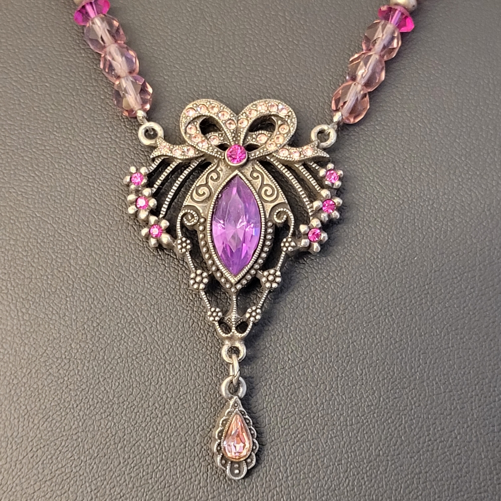 1928 Purple & Pink Crystals Ornate Pendant Sparkling Glass Beaded Necklace - Picture 10 of 16